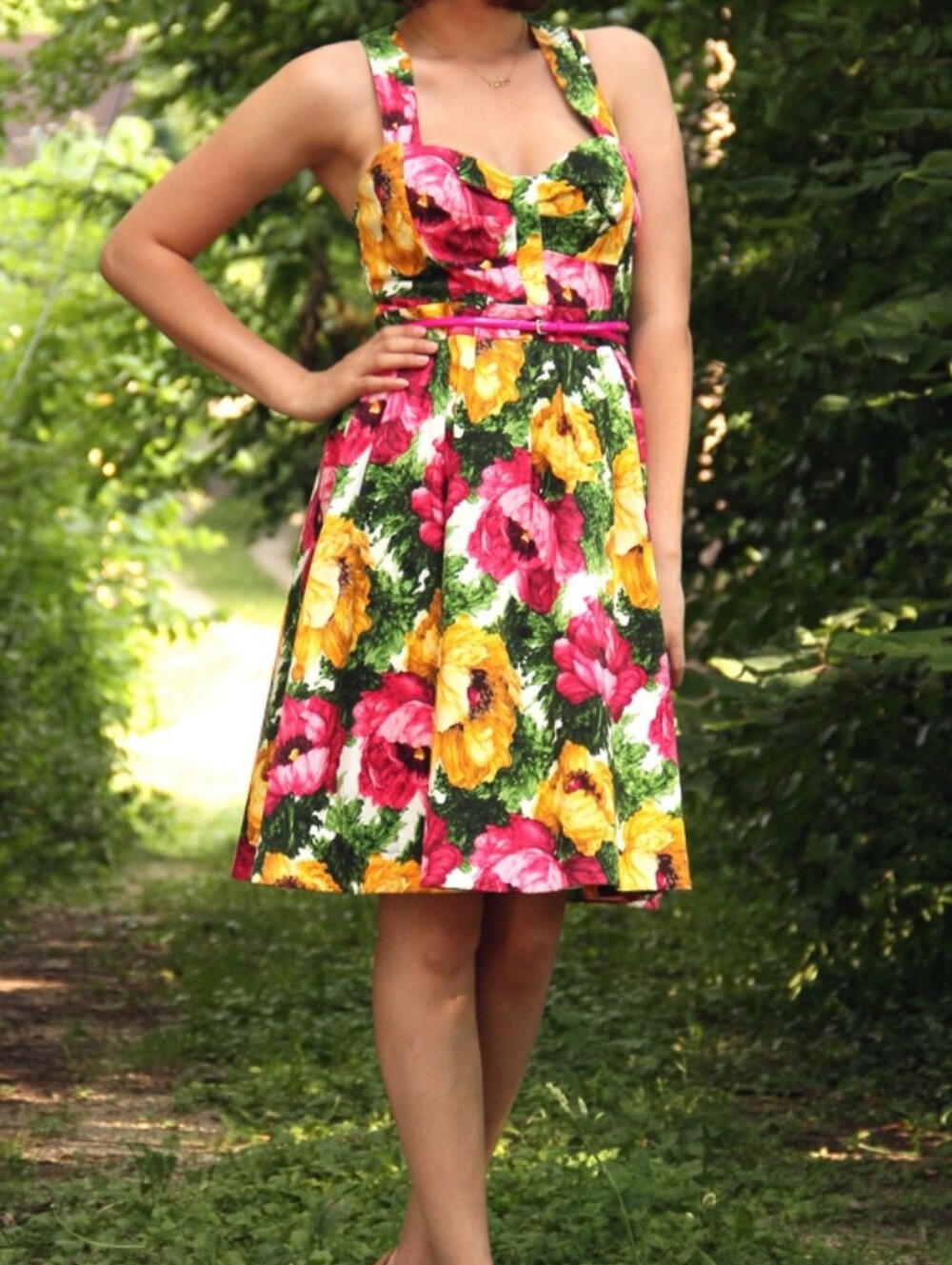 London Times Floral Mini/Knee Length Fit-and-Flare Dress in Pink & Yellow Size 8